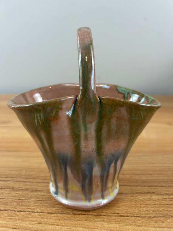 Seagrove Pottery North Carolina Art Pottery Rainbow Glaze Basket 5" Tall