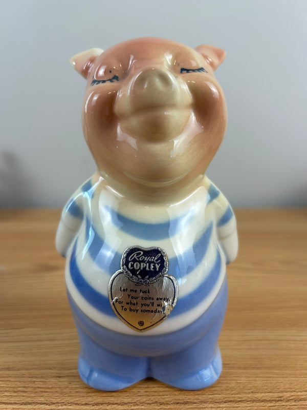 ROYAL COPLEY 1950's ART POTTERY 5" PINK PIGGY BANK Blue Shirt & FOIL STICKERS