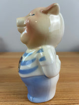 ROYAL COPLEY 1950's ART POTTERY 5" PINK PIGGY BANK Blue Shirt & FOIL STICKERS