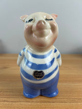 ROYAL COPLEY 1950's ART POTTERY 5" PINK PIGGY BANK Blue Shirt & FOIL STICKER