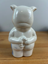 ROYAL COPLEY 1950's ART POTTERY 5" PINK PIGGY BANK Blue Shirt & FOIL STICKER