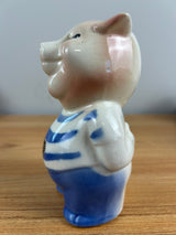 ROYAL COPLEY 1950's ART POTTERY 5" PINK PIGGY BANK Blue Shirt & FOIL STICKER