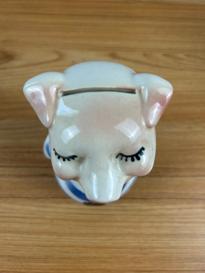 ROYAL COPLEY 1950's ART POTTERY 5" PINK PIGGY BANK Blue Shirt & FOIL STICKER
