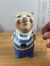 ROYAL COPLEY 1950's ART POTTERY 5" PINK PIGGY BANK Blue Shirt & FOIL STICKER