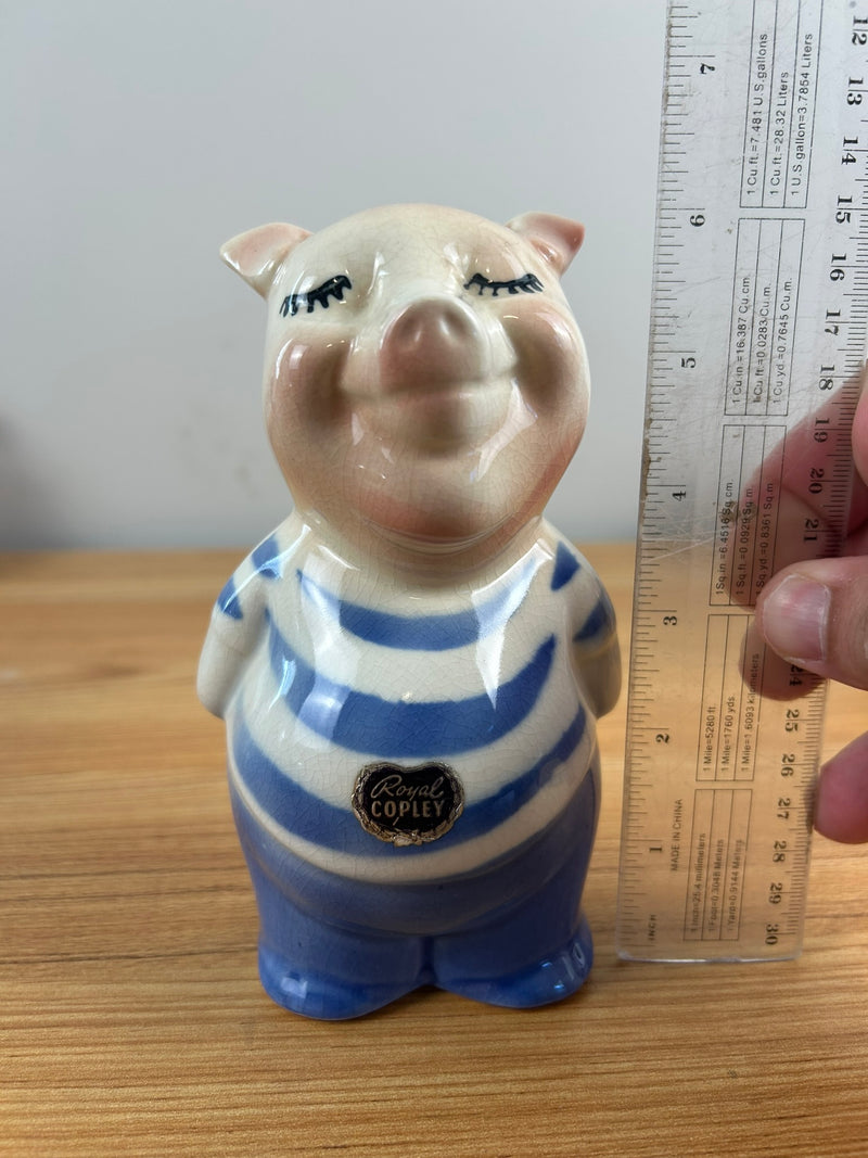 ROYAL COPLEY 1950's ART POTTERY 5" PINK PIGGY BANK Blue Shirt & FOIL STICKER