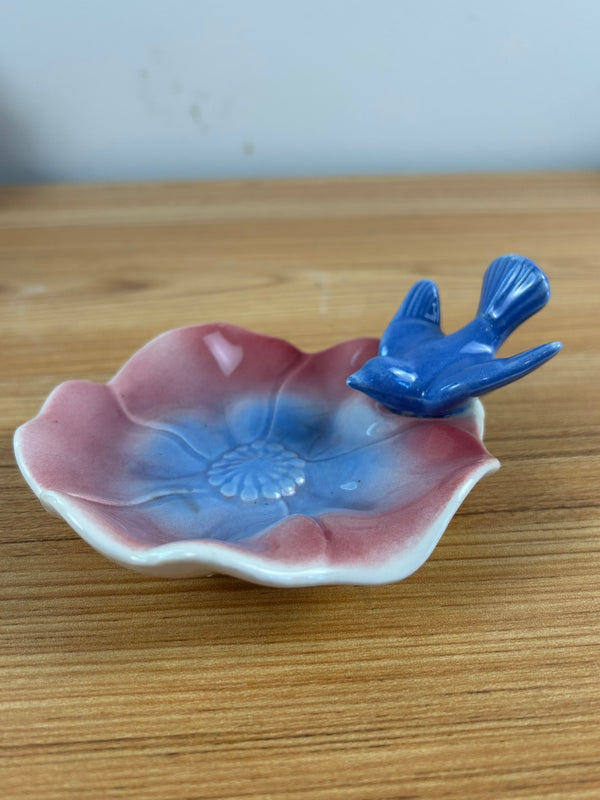 Royal Copely Vintage Art Pottery Blue Bird On Pink Lotus Flower Trinket Dish