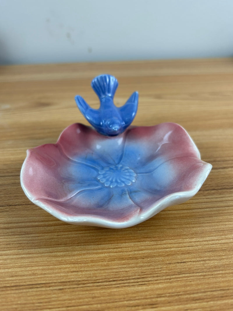 Royal Copely Vintage Art Pottery Blue Bird On Pink Lotus Flower Trinket Dish