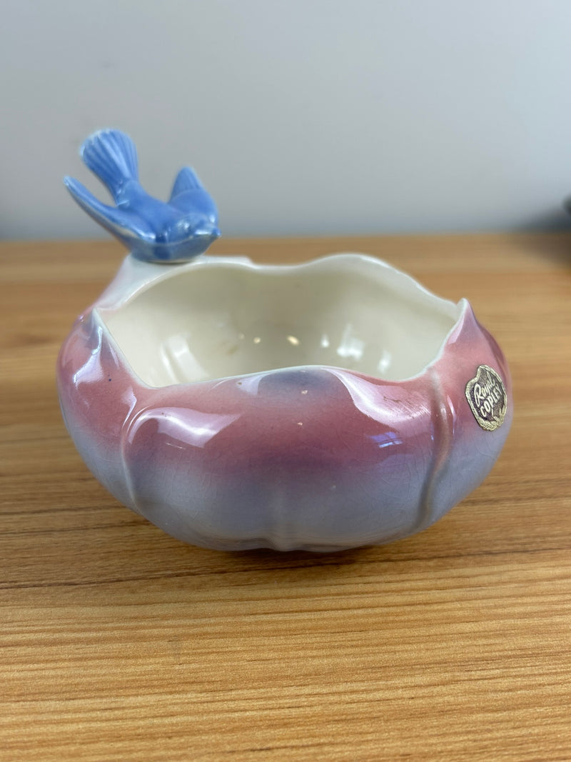 Royal Copley Vintage MCM Blue Bird on Blue & Pink Petal Bowl Planter With Sticker