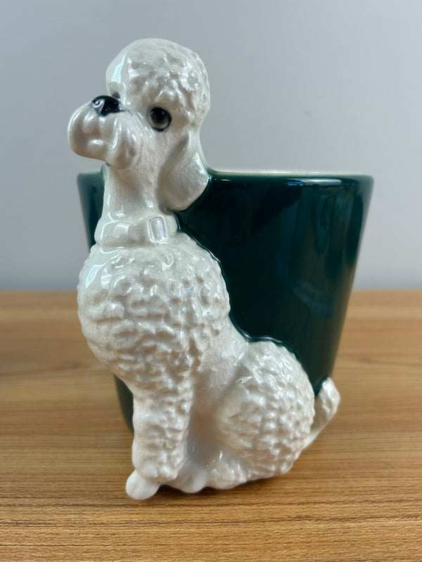 Royal Copley 1940s-50s Vintage Rare Green & White 7" Ceramic Poodle Planter Pot
