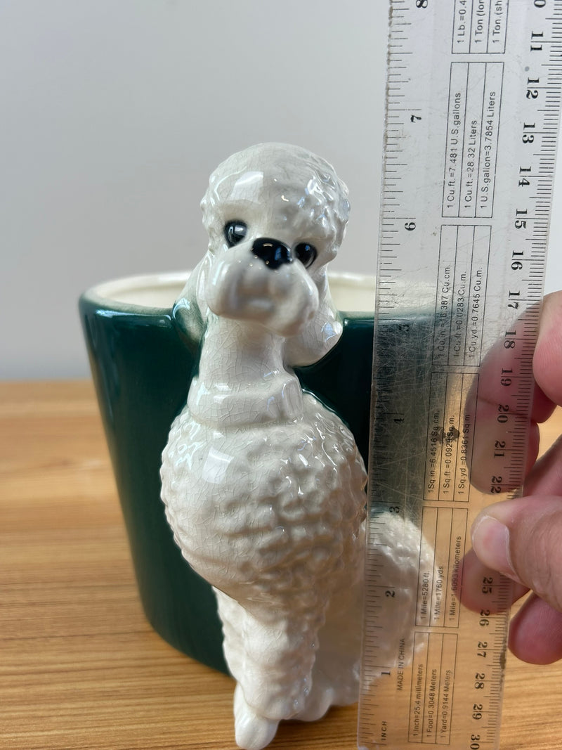 Royal Copley 1940s-50s Vintage Rare Green & White 7" Ceramic Poodle Planter Pot