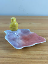 Royal Copley Vtg Yellow Bird On Pink Lavender Leaf Trinket Vanity Dresser Dish