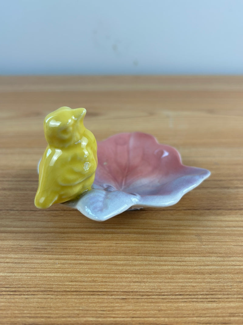 Royal Copley Vtg Yellow Bird On Pink Lavender Leaf Trinket Vanity Dresser Dish