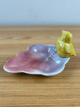 Royal Copley Vtg Yellow Bird On Pink Lavender Leaf Trinket Vanity Dresser Dish