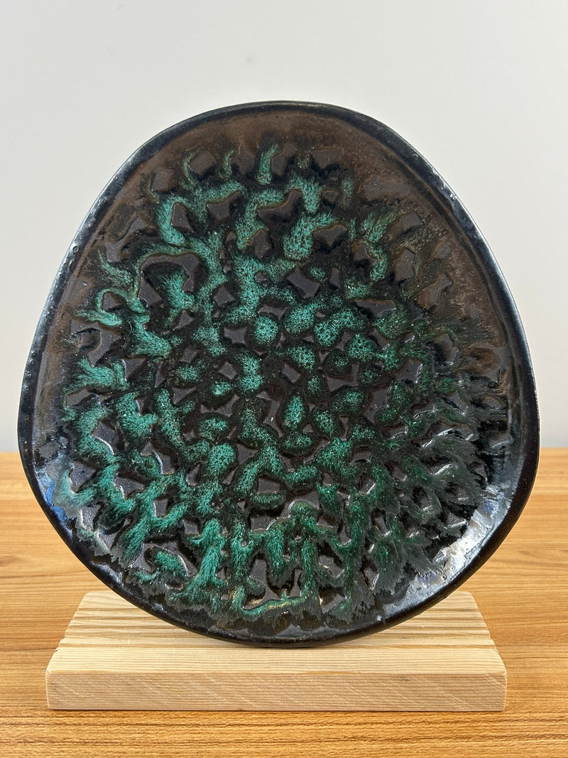 European Art Pottery Mid Century Modern Black Green Oblong Bowl Signed