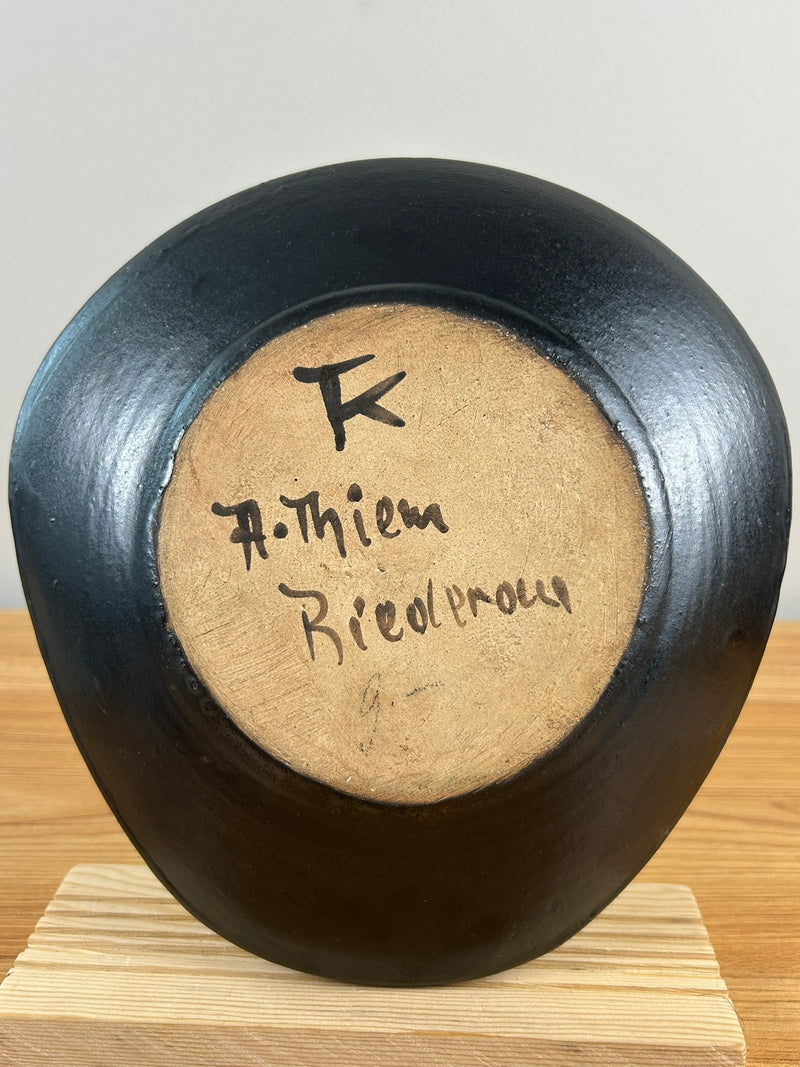 European Art Pottery Mid Century Modern Black Green Oblong Bowl Signed