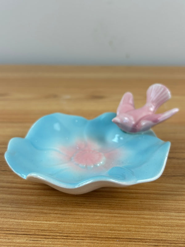 Royal Copley Vtg Pink Bird On Blue Pink Leaf Trinket Vanity Dresser Dish