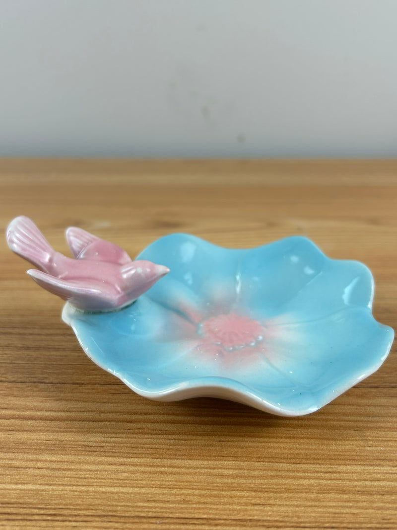 Royal Copley Vtg Pink Bird On Blue Pink Leaf Trinket Vanity Dresser Dish