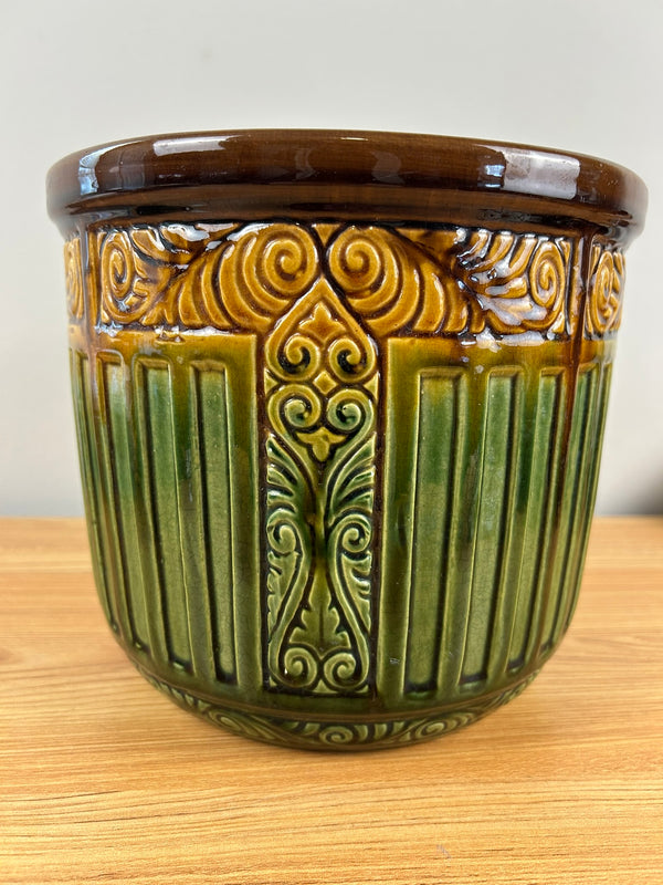 Weller Art Pottery 1900s Green Brown Yellow Blended Majolica Jardiniere